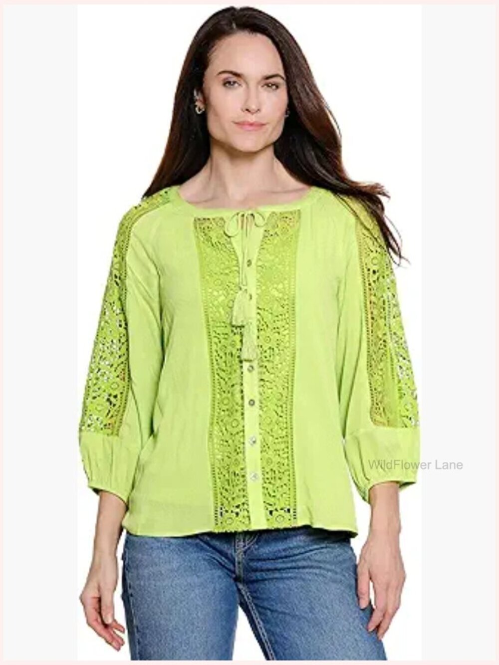 Woven Button Front Blouse 3/4 Sleeve Scoop Neck Tunic